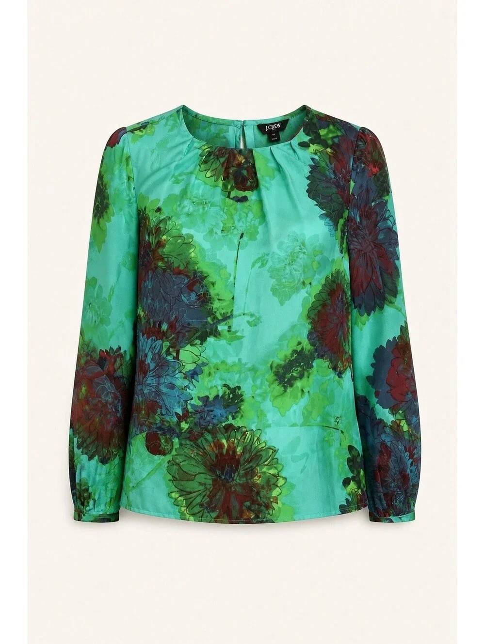 J Crew Women Green Floral Satin Long Sleeve Basic Blouse Round Neck Size XS